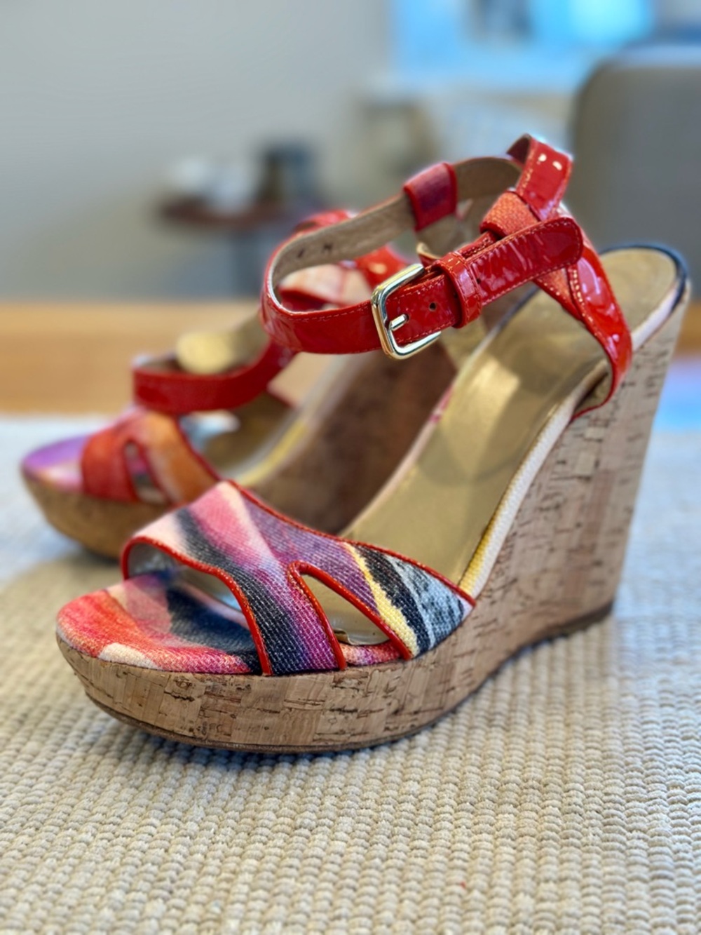 Red Cork Wedge Sandals with Multi-Color Fabric Straps